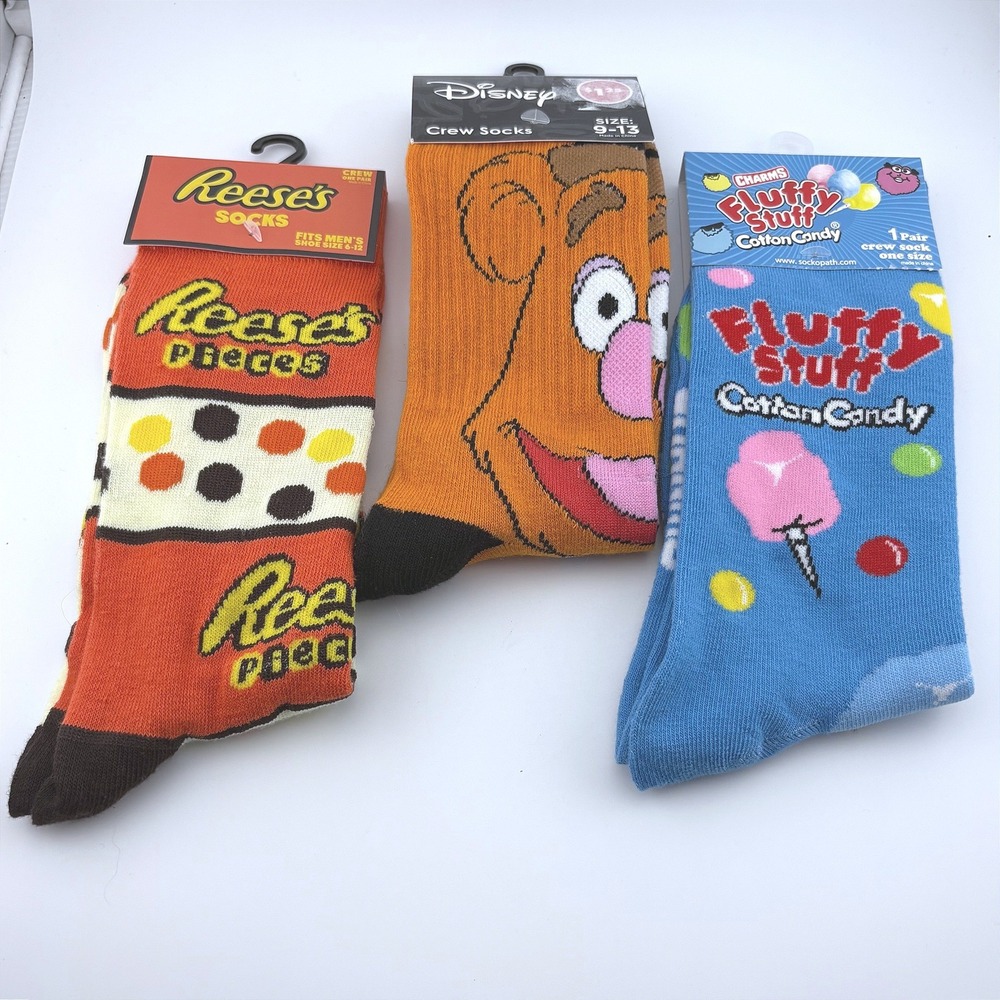 New 3 Pack Novelty Crew Socks Reeses Disney Fozzie Bear Charms Fluffy Stuff 9-13